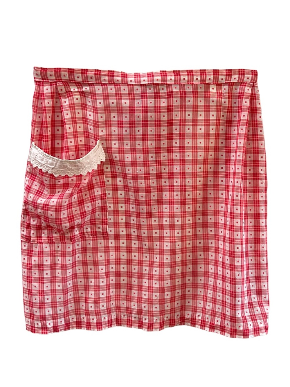 Handmade Red White Plaid Half Apron Lace Pocket Waist Tie